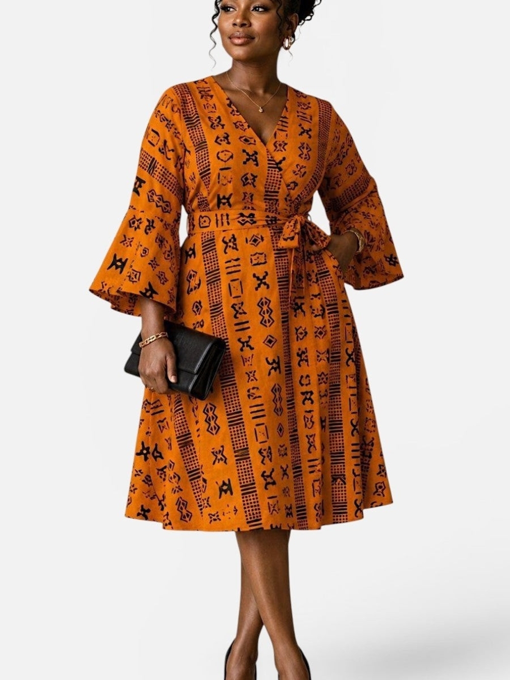 Wrap Midi Dress in Burnt Orange with Black Geometric Print